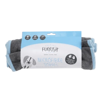 Furrish grey microfibre pet towel with blue trim in packaging labeled 'Furrish Microfibre Towel'.