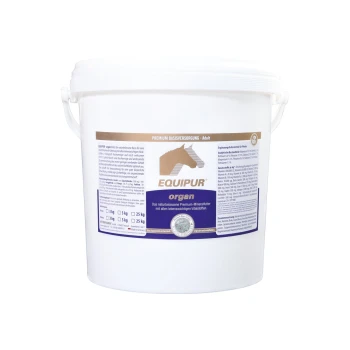 Weißer Eimer mit der Aufschrift "EQUIPUR organ" mit einer Pferdesilhouette, der hochwertiges Mineralfutter mit Nährwertangaben und Zutaten enthält.