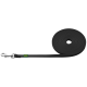 Schwarze Hundeleine, ordentlich aufgerollt mit einem Metallclip an einem Ende, mit einem grünen und gelben 'HUNTER'-Logo am Griff.