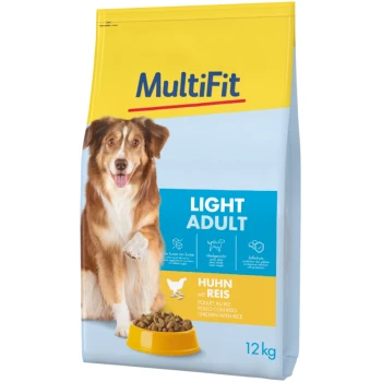 Dog food bag featuring a smiling dog, labeled "MultiFit LIGHT ADULT," with "Huhn mit Reis" (Chicken with Rice) and a 12 kg weight.