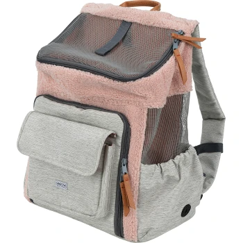 Stylische Haustiertrage-Rucksack in Grau und Pink, mit Netzpaneelen, einer Fronttasche und verstellbaren Riemen.