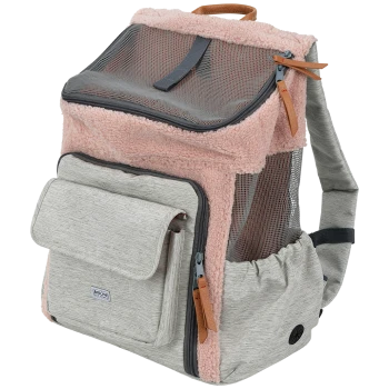 Stylische Haustiertrage-Rucksack in Grau und Pink, mit Netzpaneelen, einer Fronttasche und verstellbaren Riemen.