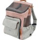 Stylish pet carrier backpack in gray and pink, featuring mesh panels, a front pocket, and adjustable straps.