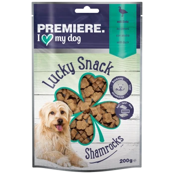 Premiere I Love My Dog Lucky Snack Shamrocks Hundeleckerlis mit Ente, 200g-Packung mit Kleeblattform und harter Textur.