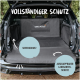 Schwarze Autositzabdeckung für Haustiere in einem SUV, mit Seiten- und einem ausklappbaren Stoßstangenschutz, mit dem Text 'VOLLSTÄNDIGER SCHUTZ' und 'SEITENSCHUTZ'.