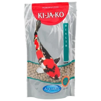 Premium Koi-Futterverpackung mit einer bunten Koi-Fisch-Illustration, beschriftet mit "KI-JA-KO HEALTH," mit 6mm Pellets.
