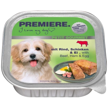 Un conteneur de nourriture pour animaux de compagnie avec un chien heureux et des étiquettes "PREMIERE. I love my dog" et "PETIT GOURMET mit Rind, Schinken & Ei."