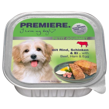 Een huisdierenvoercontainer met een blije hond en labels 'PREMIERE. I love my dog' en 'PETIT GOURMET mit Rind, Schinken & Ei.'