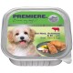 Un conteneur de nourriture pour animaux de compagnie avec un chien heureux et des étiquettes "PREMIERE. I love my dog" et "PETIT GOURMET mit Rind, Schinken & Ei."
