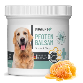 Behälter von REAVET+ Pfoten Balsam, einem Pfotenbalsam für Haustiere, mit einem Bild eines Golden Retrievers, Waben und dem Text "Schutz & Pflege," "Made in Germany."