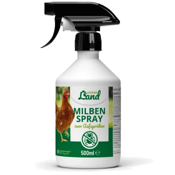 Eine Sprühflasche mit der Aufschrift 'Hühner Land Milben Spray' mit einer Hühnergrafik, entwickelt zur Milbenbehandlung, 500 ml Größe.