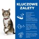 Kot tabby z białą klatką piersiową i łapami w czerwonej obroży stoi obok niebieskiego tekstu: "Kluczowe zalety" podkreślającego redukcję kamienia nazębnego i zdrową sierść.
