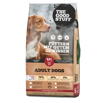 Beutel von „THE GOOD STUFF“ Adult-Hundefutter mit braunem Hund, Schriftzug „FÜTTERN MIT GUTEM GEWISSEN“ und „ADULT DOGS“.
