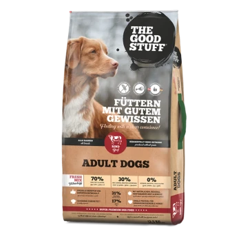 Beutel von „THE GOOD STUFF“ Adult-Hundefutter mit braunem Hund, Schriftzug „FÜTTERN MIT GUTEM GEWISSEN“ und „ADULT DOGS“.