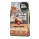 Beutel von „THE GOOD STUFF“ Adult-Hundefutter mit braunem Hund, Schriftzug „FÜTTERN MIT GUTEM GEWISSEN“ und „ADULT DOGS“.