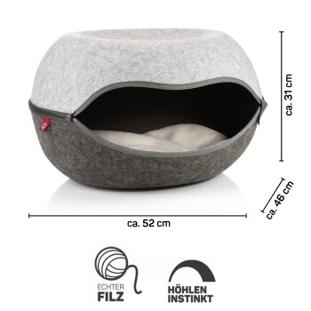 Gemütliches Haustierbett aus Filz, mit einem weichen Innenkissen, Maße ca. 52 cm x 46 cm x 31 cm, mit Logos zur Qualitätssicherung.