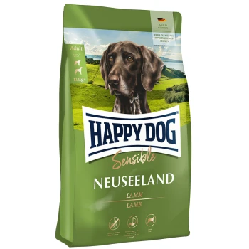Tüte Happy Dog Sensible Neuseeland Hundefutter mit einem braunen Hund auf der Vorderseite, beschriftet mit "Lamm" und "Adult" auf grünem Hintergrund.