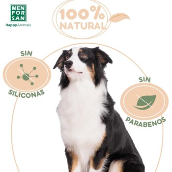 Ein schwarz-weißer Hund sitzt stolz, umgeben von Texten wie '100% NATÜRLICH', 'SIN SILICONAS' und 'SIN PARABENOS', die natürliche Haustierpflege bewerben.
