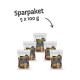 Sparpaket mit 5 Tüten Hundeleckerlis, jeweils 100g, mit einem klaren Etikett mit "Schmufleisch" und einem bunten Design.
