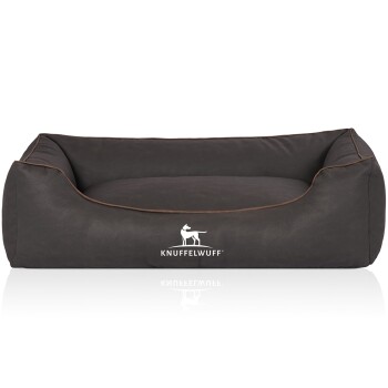 Dunkelbraunes, gepolstertes Hundebett mit hellbrauner Paspel, weißem KNUFFELWUFF-Logo und Hunde-Silhouette