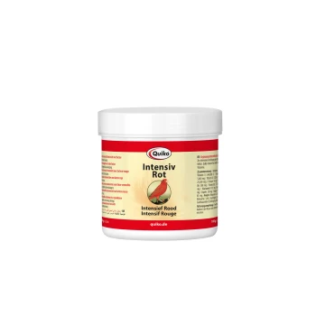 Quiko Intensiv Rot Vogelergänzungsmittelbehälter, mit einem roten und weißen Etikett mit einer Kardinalillustration, Nährwertinformationen und einem Link zur Website.