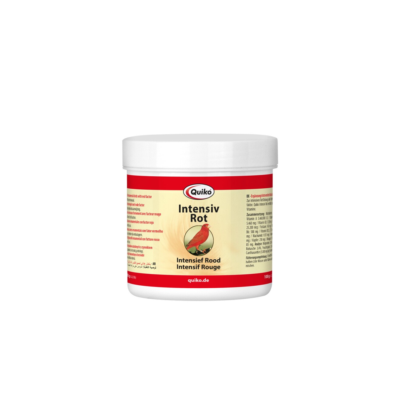 Germany product data sample: Quiko Intensiv Rot: Ergänzungsfutter für Ziervögel mit Rotfaktor 100 g