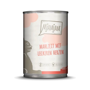 Dose mit Katzenfutter mit dem Etikett 'Mahlzeit mit leckeren Herzen', mit einer Silhouette einer Katze und bunten Designelementen.