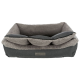 Graues Katzenbett mit plüschigem Innenraum und erhöhten Rändern, mit einem kleinen Etikett, das "vitality" liest.