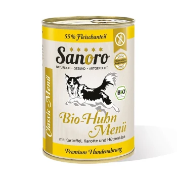 Dose von Sanoro Bio-Huhn Menü Hundefutter mit einer schwarz-weißen Hundillustration, beschriftet mit "55% Fleischanteil" und "Premium Hundenahrung."
