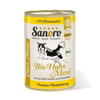 Dose von Sanoro Bio-Huhn Menü Hundefutter mit einer schwarz-weißen Hundillustration, beschriftet mit "55% Fleischanteil" und "Premium Hundenahrung."