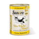 Dose von Sanoro Bio-Huhn Menü Hundefutter mit einer schwarz-weißen Hundillustration, beschriftet mit "55% Fleischanteil" und "Premium Hundenahrung."