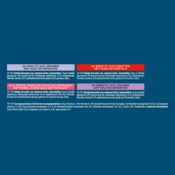 Étiquettes d'aliments pour chats sur fond bleu en français et en néerlandais : veau, bœuf, truite aux épinards, gibier et légumes