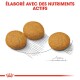 Trois croquettes de nourriture pour animaux rondes et brunes sont affichées sur un fond esquissé, avec le texte "ÉLABORÉ AVEC DES NUTRIMENTS ACTIFS" au-dessus.