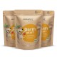 Drei CURAPET DarmKraft Superfood-Pulverpakete für Hunde, die einen Cartoon-Hund zeigen und die Verdauungsunterstützung und biologische Zertifizierung betonen.