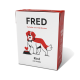 Kartons mit Hundefutter, beschriftet mit "FRED", mit einem Cartoon-Hund im Smoking, mit dem Text "Rind mit Nudeln" und "Tierliebe vom Allerfeinsten."