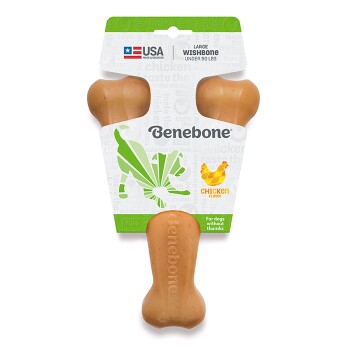 Large Benebone wishbone dog chew toy in chicken flavor, suitable for dogs under 90 lbs, featuring a playful design and text.
