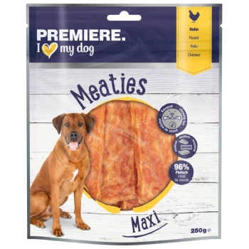 Verpackung von Premiere I Love My Dog Meaties mit einem großen Stück Hühner-Hundeleckerlis, gekennzeichnet mit "Maxi" und 96% Fleischanteil.