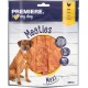 Emballage de Premiere I Love My Dog Meaties présentant un grand morceau de friandises pour chiens au poulet, étiqueté "Maxi" avec 96 % de contenu en viande.