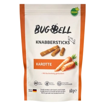 Vegane Karotten-Snacksticks in einer 60g-Packung, beschriftet mit 'BUG&BELL KNABBERSTICKS', mit geräucherten Karotten-Grafiken und Text.