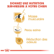 Image promouvant la nutrition personnalisée pour chiens avec des icônes pour les muscles, la santé de la peau, et le contrôle des odeurs. Texte : "SUR-MESURE NUTRITION POUR VOTRE CHIEN."