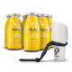 Gelbe Smoothieflaschen mit den Aufschriften "Huhn" und "SmoothieDog" für Hunde, mit Text über natürliche Zutaten und einer weißen Haustierwasserflasche.