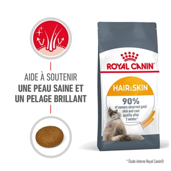 Sac de nourriture pour chats Royal Canin Hair & Skin avec une image de chat, mettant en avant le soutien pour une peau saine et un pelage brillant, et 90 % de satisfaction des propriétaires.