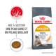 Sac de nourriture pour chats Royal Canin Hair & Skin avec une image de chat, mettant en avant le soutien pour une peau saine et un pelage brillant, et 90 % de satisfaction des propriétaires.