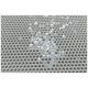 Nahaufnahme einer strukturierten grauen Oberfläche mit kleinen weißen und blauen Fragmenten, die darauf verstreut sind und einem Material für Haustierprodukte ähneln.