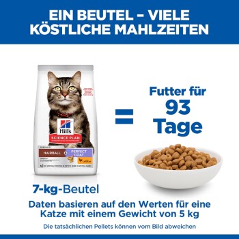 Hill's Science Plan 7-kg-Katzenfuttertüte mit getigerter Katze neben einem Napf mit Trockenfutter; deutscher Text 'Futter für 93 Tage' und '7-kg-Beutel'.