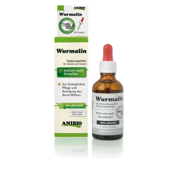 Flasche Wurmalin, ein pflanzliches Ergänzungsmittel für Hunde und Katzen, mit einer Pipette, das sanfte Darmpflege und Reinigung fördert.