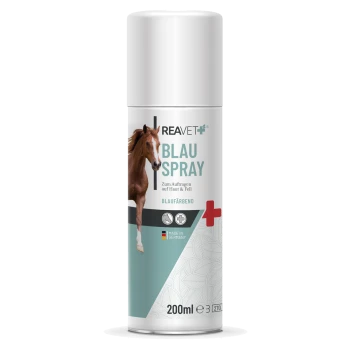 Eine 200ml Sprühdose für Pferde, beschriftet mit "REAVET+ BLAU SPRAY", mit einer Grafik eines galoppierenden Pferdes und deutschem Text zur Anwendung für Haut und Fell.