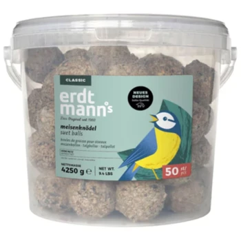 Plastikeimer mit Erdtmanns klassischen Schmalzkugeln für Vögel, 4250g, 50 Stück, mit blauer und gelber Vogelillustration.