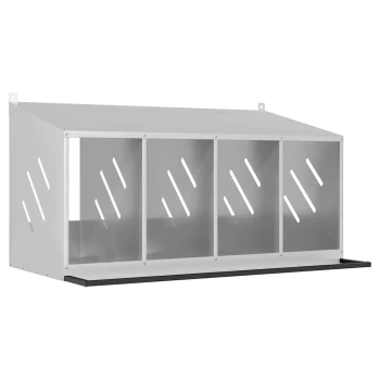 Metall-Wandnistkasten mit vier Abteilen, schrägem Dach, diagonalen Belüftungsschlitzen und schwarzem Sitzbrett vorne.