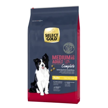 Complete Medium Adult Huhn 12 kg Hundefutterverpackung mit einem schwarz-weißen Hund, beschriftet mit "Select Gold Medium Adult Complete" mit Huhn und Nährwertinformationen.